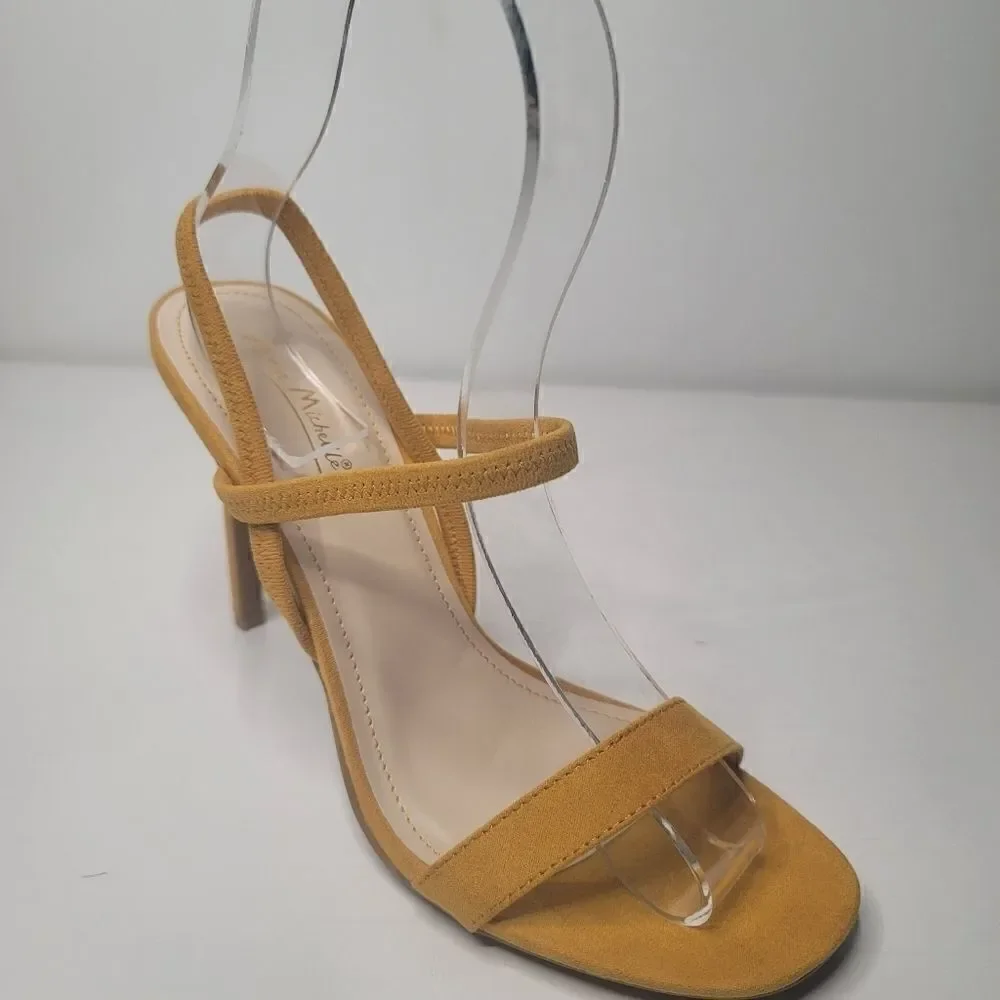 AnneMichelle mustard crisscross band open-toe pump